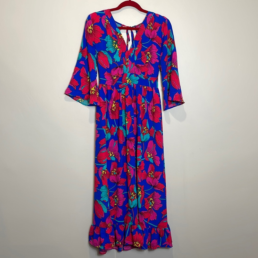 Blue Floral Open Back Midi Dress